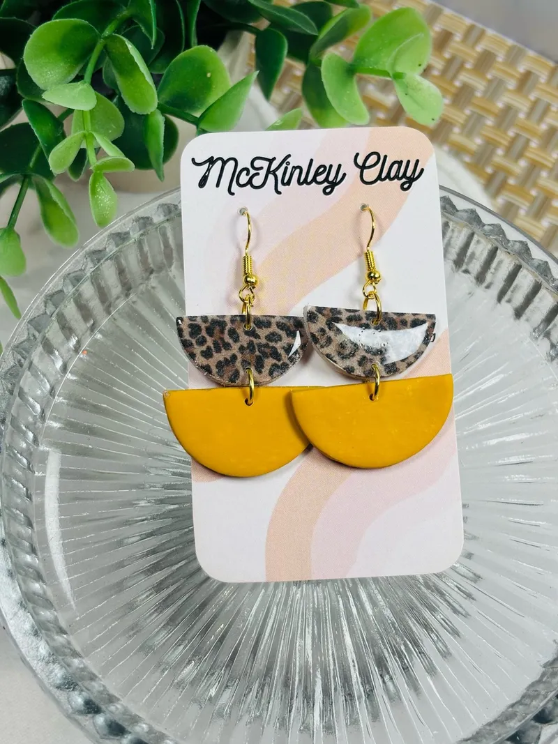 Leopard and mustard half-moon dangle earrings